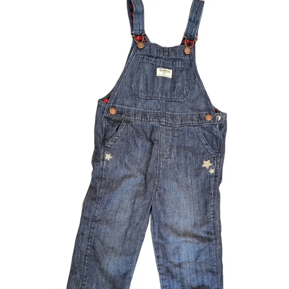 OSH KOSH BUFFALO PLAID DENIUM ADJUSTABLE OVERALLS WITH STAR ACCENTS SIZE 4T